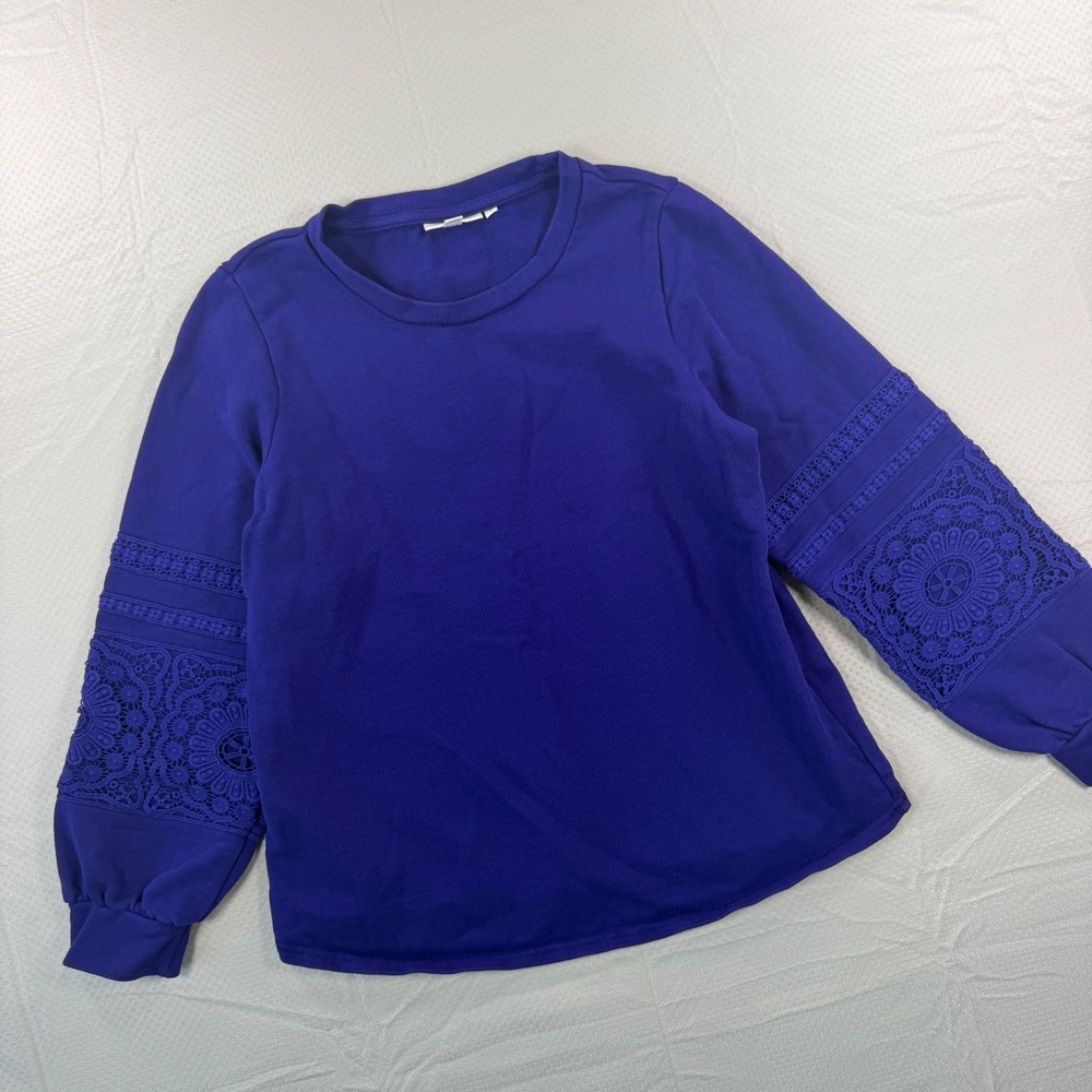 Chicos Purple Lace Sleeve Sweatshirt Womens Medium Cotton Knit Top Pullover